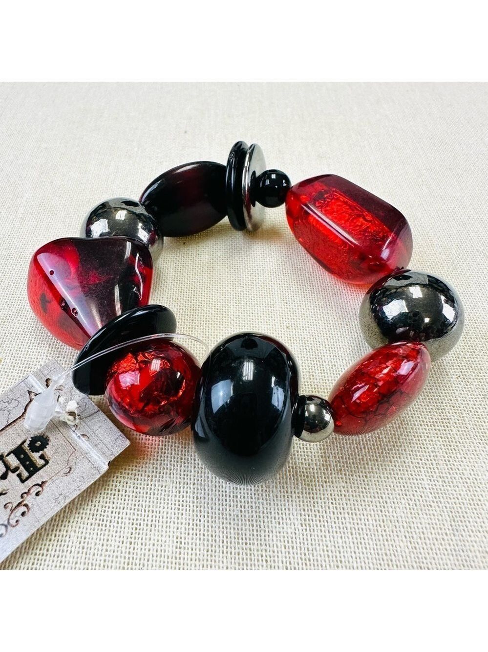 Treska Mars Collection stretch 3 row bracelet NWT red black lucite gunmetal mix